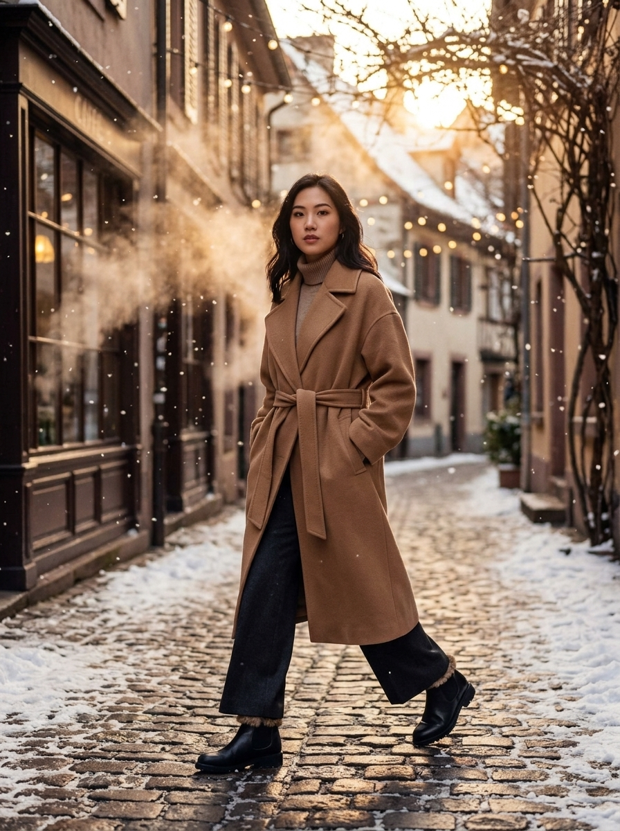 A cinematic wide shot of a figure striding confidently through a snow-dusted cobblestone alley in a quaint European village at dusk. Soft golden hour light filters through bare tree branches, casting long shadows on textured wool layers and sleek leather boots. Steam rises from a nearby cafe window, mist blending with falling snowflakes for a dreamy, atmospheric depth of field., in an oversized camel hair coat with belt cinch, high-neck merino wool sweater, wide-leg wool trousers, and sleek Chelsea boots with fur trim