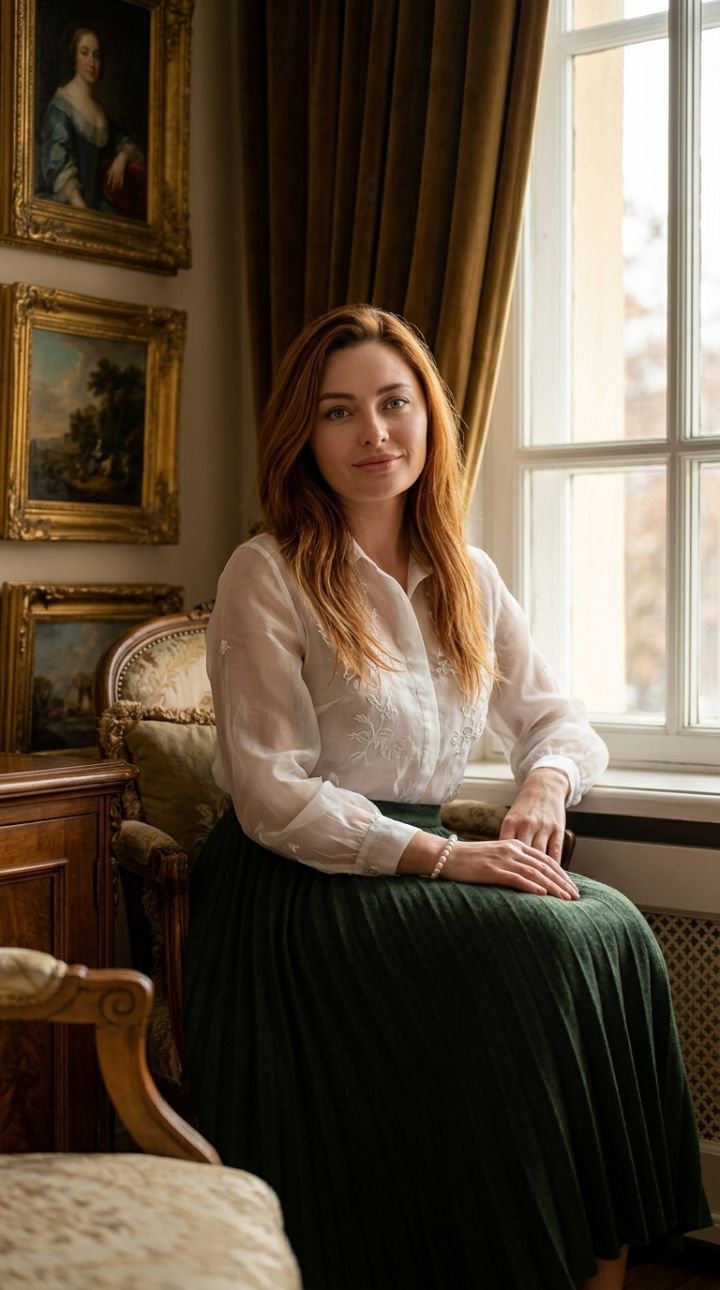 A person sits in a richly decorated living room with antique furniture and oil paintings. Portrai...