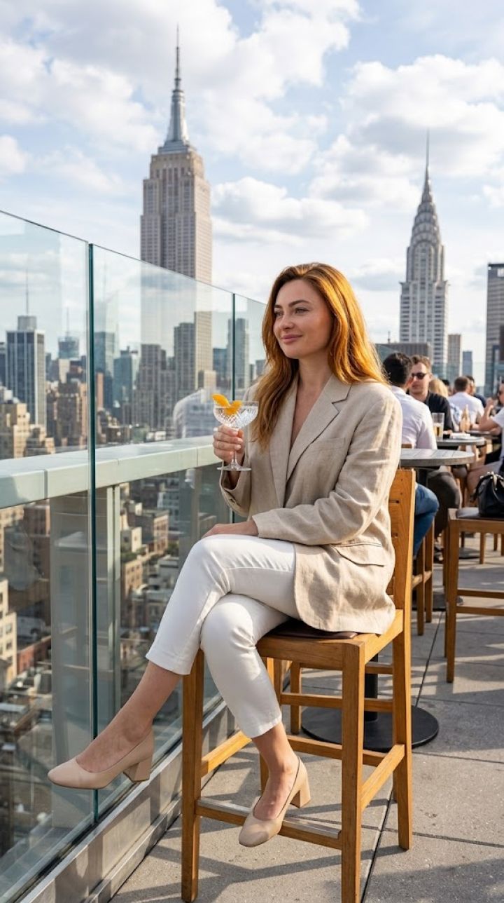 A person sits on a chair at a rooftop bar in Midtown, legs crossed, holds a glass, admires the daytime skyline of New...