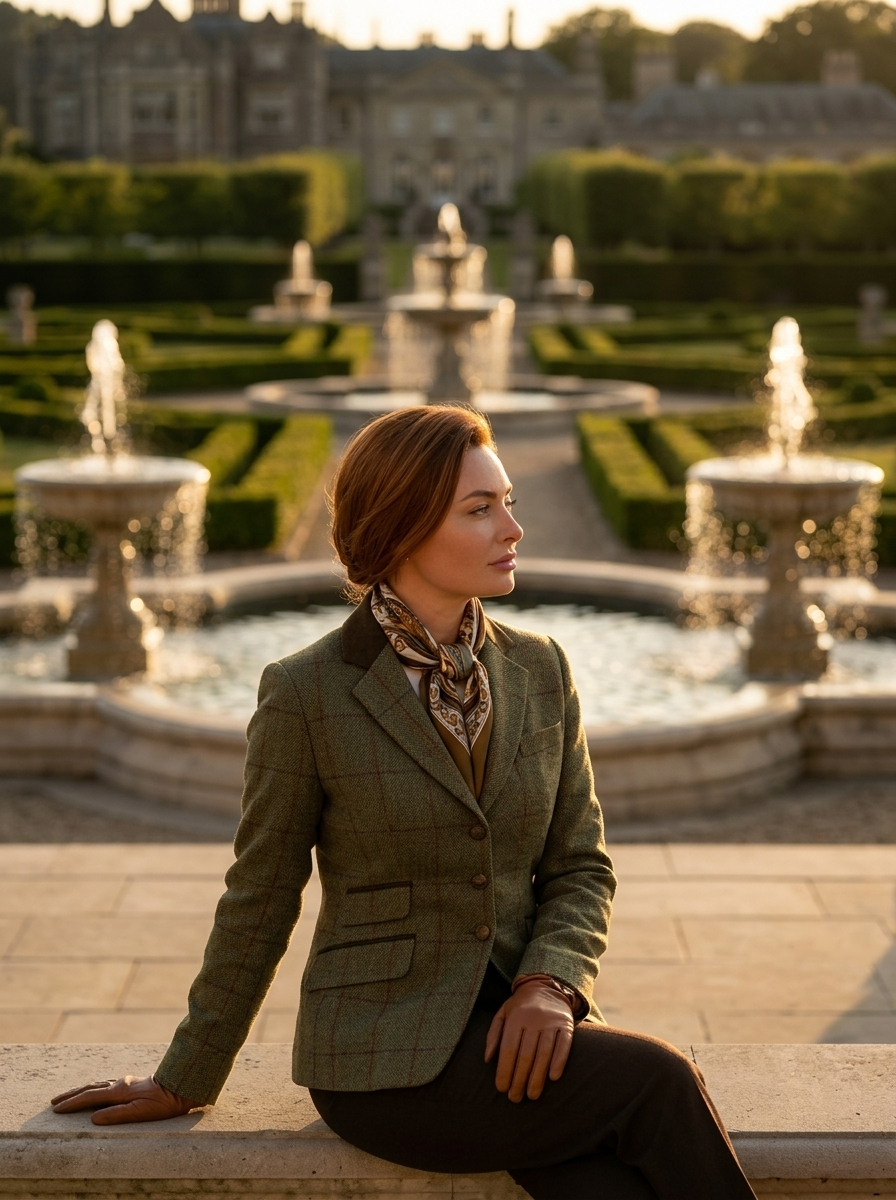 A person sits on an elegant terrace with a view of trimmed hedges and fountains. Half-portrait from the side, evening warm light, water spray in the air, symmetrical composition with garden elements, luxurious aesthetics., in a fitted tweed jacket, silk scarf on the neck and leather gloves