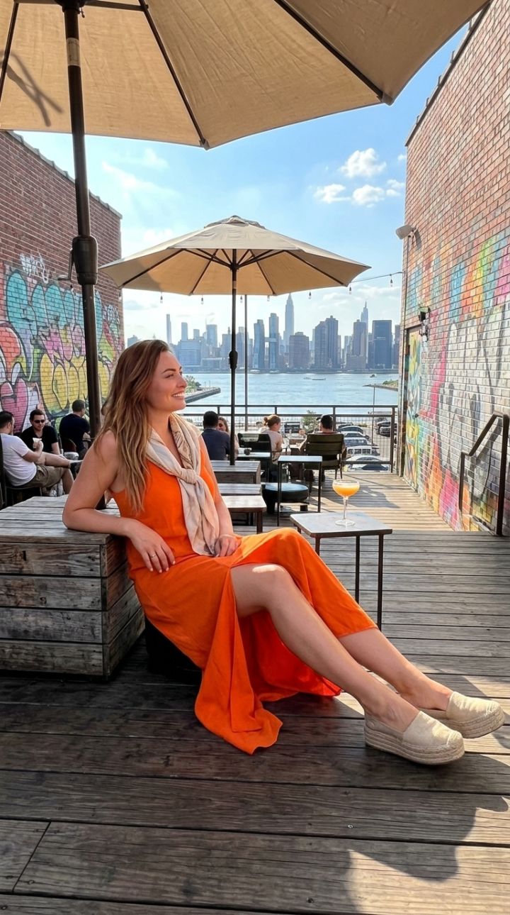 A person sits on the terrace floor in Williamsburg, leaning back against a crate, legs extended, observing the daytim...