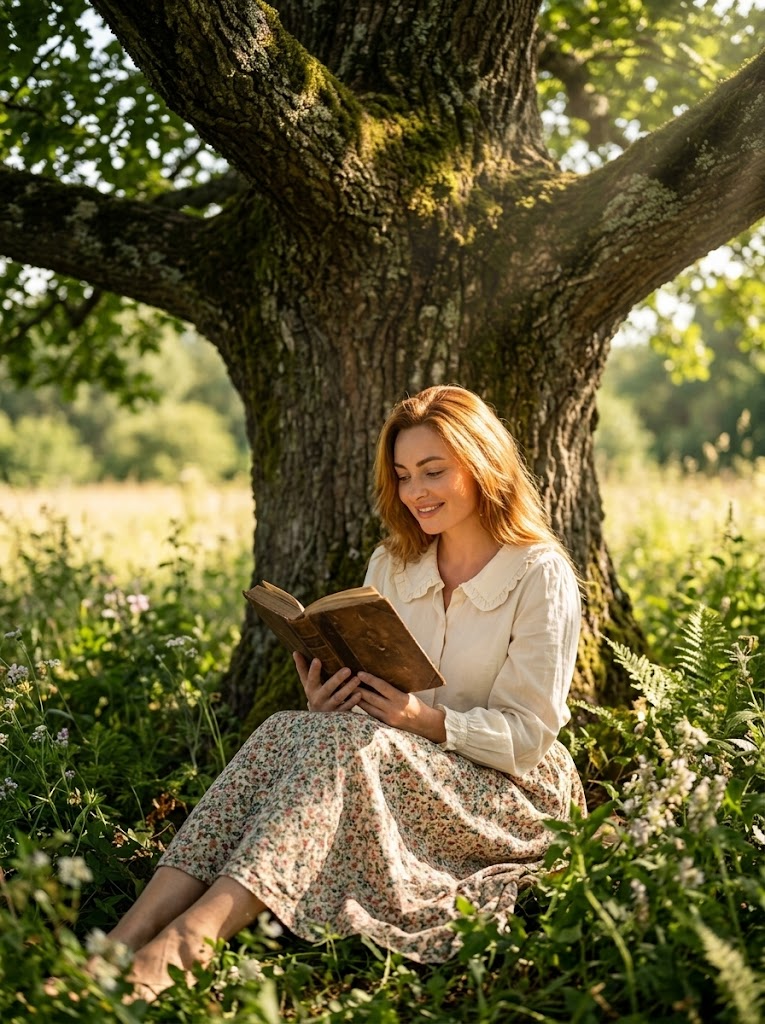 A person sits with their back to an old oak on a mossy clearing, holds a worn book in their hands, sun rays break through the branches, creating a dappled pattern of light on the skin and pages, intimate portrait shot slightly from above, fragrant flowers around, bokeh on the background of distant meadows., in a cotton blouse with ruffles on the collar and a long skirt with a floral print