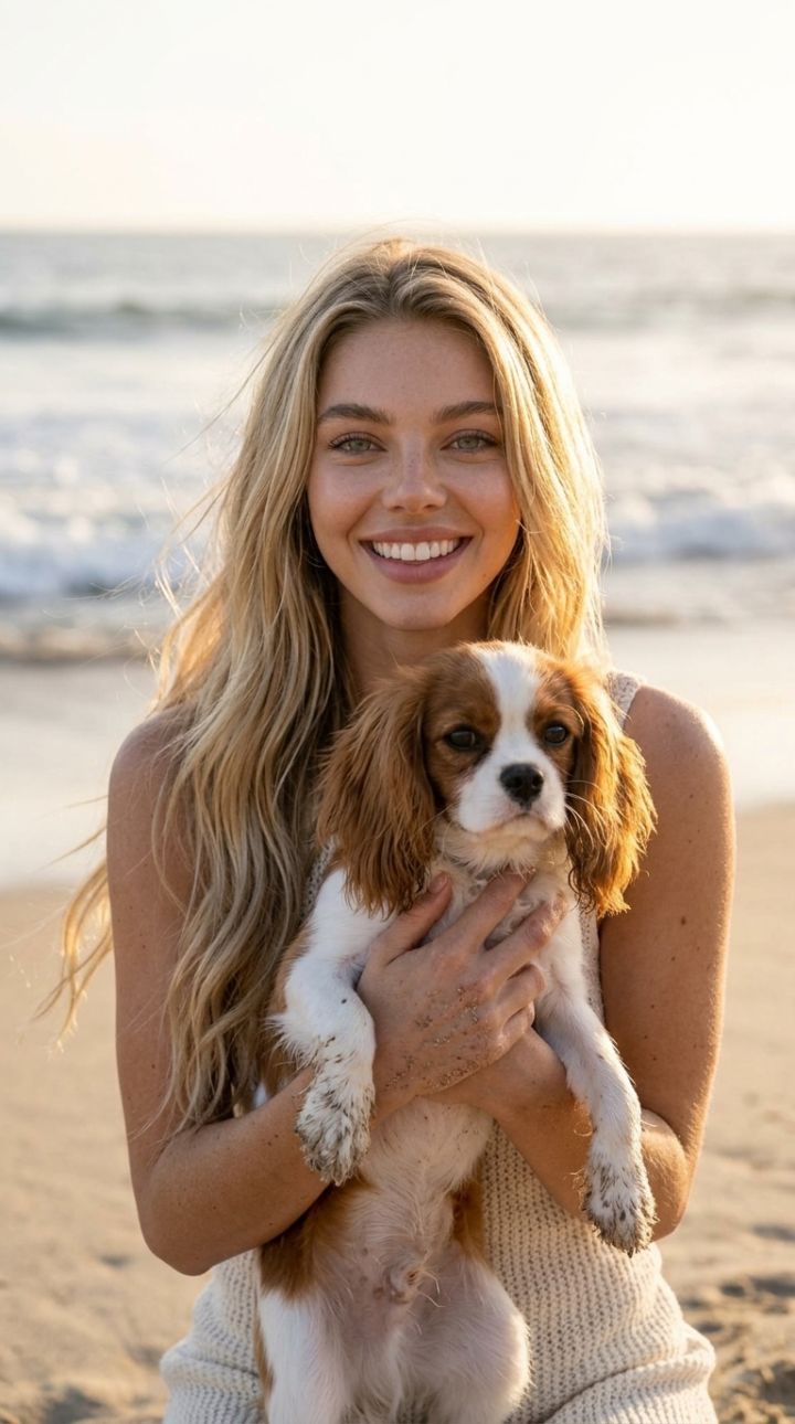A young person stands on a sunny beach, holding a small spaniel in their arms, ocean waves in the background, wind to...