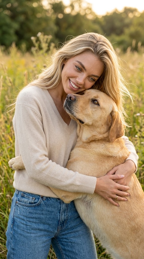 Abraçada Tendre amb Labrador: Mirada Càlida, Llum Vespre i Realisme Ultra