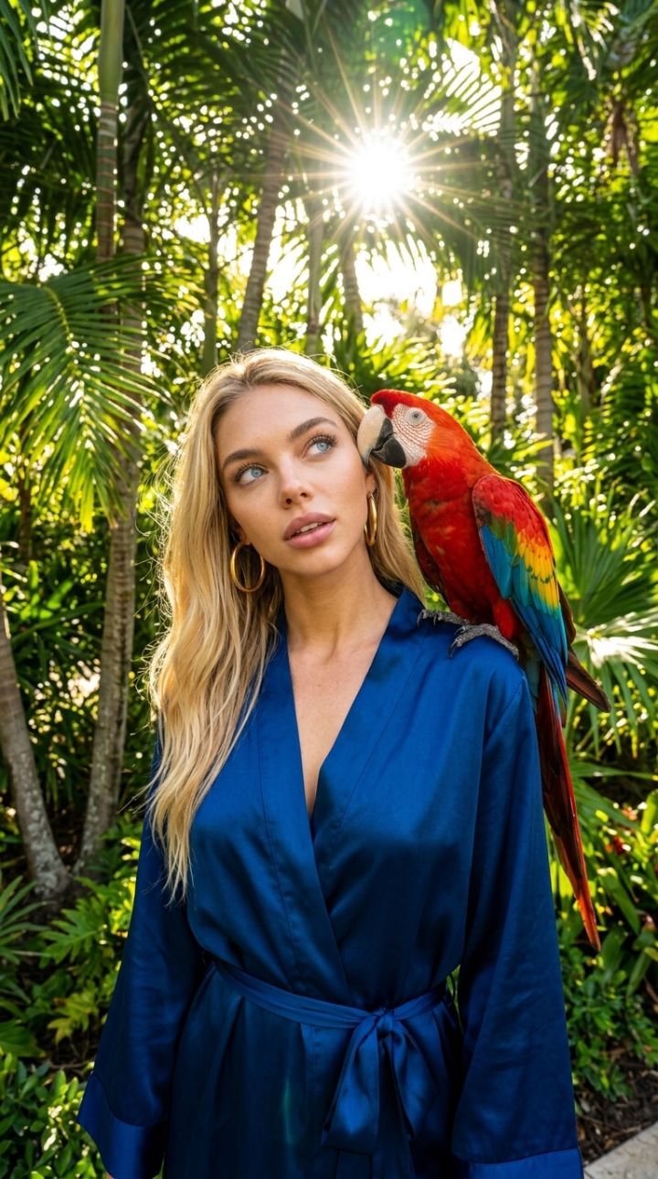 Ara sulla Spalla con Becco Vicino all'Orecchio, Sguardo Curioso in Giardino Tropicale