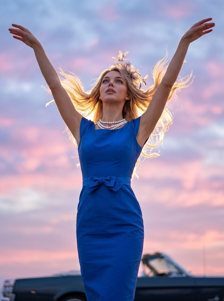 Arms extended gracefully overhead in triumphant arch, gaze upward in awe, wind-swept hair flowing dynamically, against twilight sky with cotton candy clouds, classic convertible car silhouette in soft focus distance, radiant backlighting creating ethereal halo, ultra photo realism, full body medium shot from front low angle., donning a sapphire blue silk faille sheath with bow sash at waist, cap sleeves, multi-strand pearl necklace, and feathered fascinator