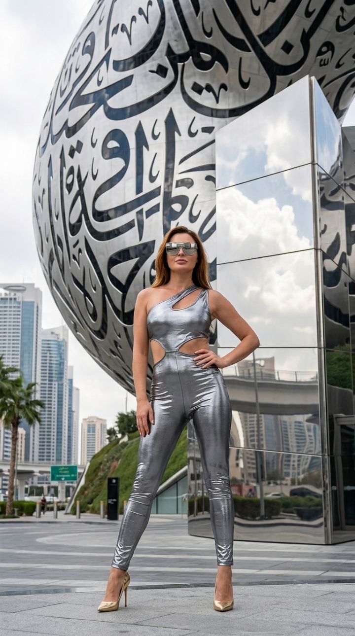 Bean i gCairt Shiléineach Airgid os Comhair Éadan Músaem na Todhchaí, Dubai