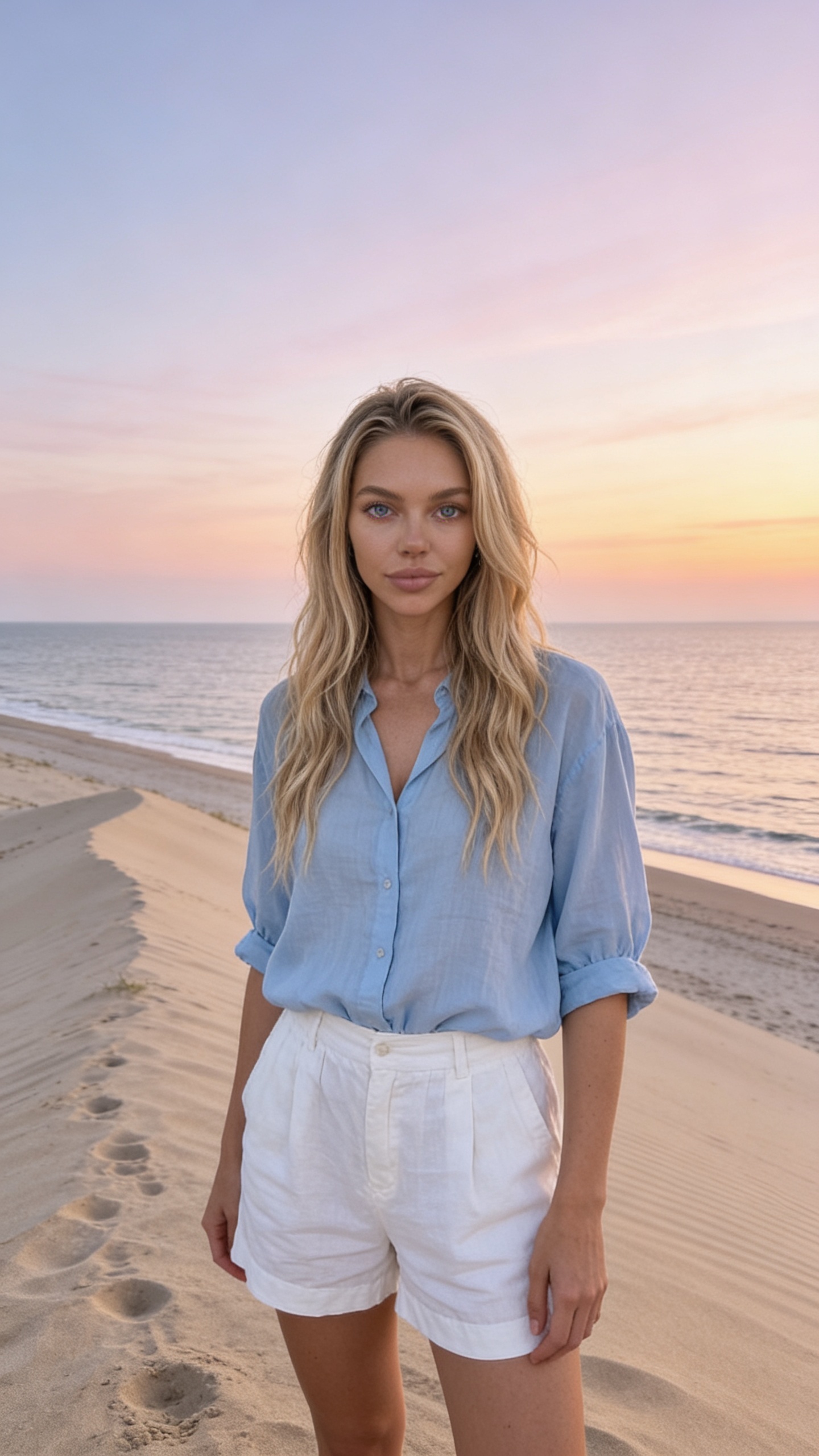Bregdeti në Agim: Dunë Rëre Minimale, Qiell Pastel, Melankoli Kinematografike dhe Horizont Pafund