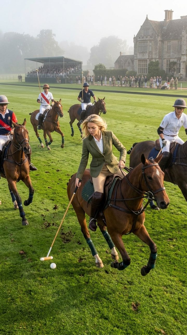 Campo da Polo Verde in Tenuta Inglese: Nebbia Mattutina, Cavalli al Galoppo e Aristocrazia Elegante