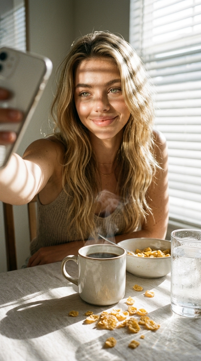 Candid shot at breakfast: hand holding a phone, face in the frame with a sleepy smile, steam from coffee rising, scattered cereal flakes on the table, morning light through the blinds creates stripes of shadows on the skin, realistic drops of condensation, soft focus on the eyes.