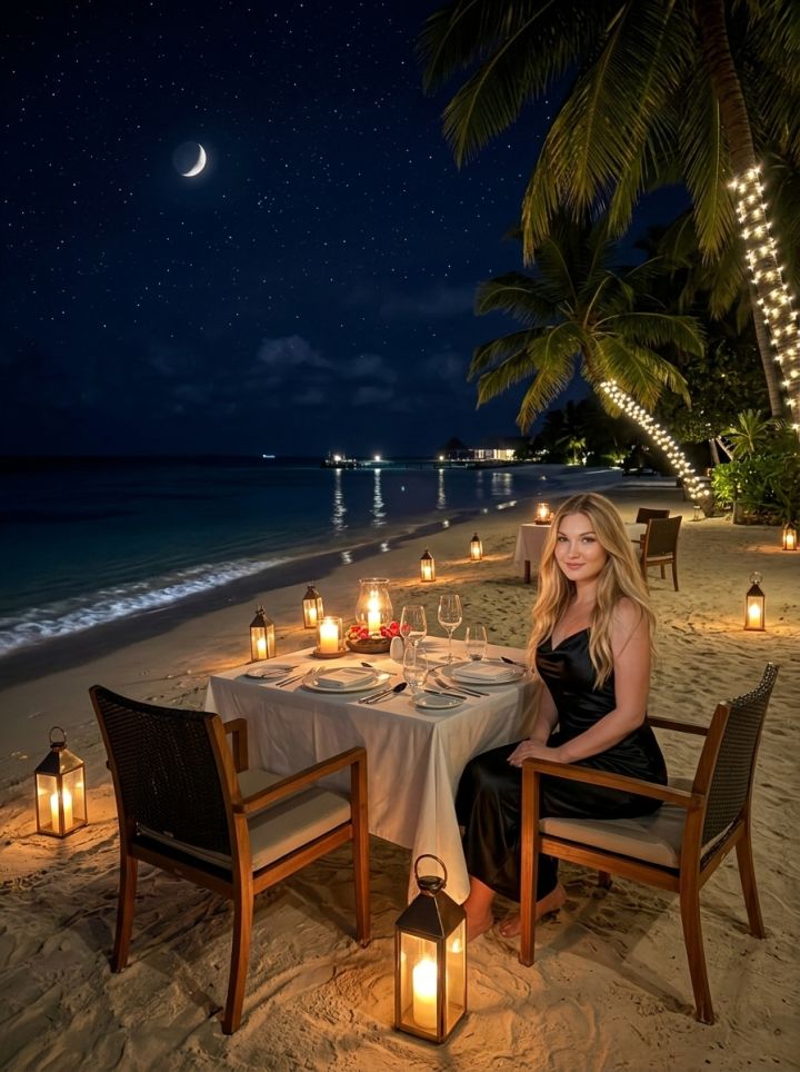 Cena Romantica sulla Spiaggia alle Maldive: Notte Magica con Candele e Stelle sull'Oceano