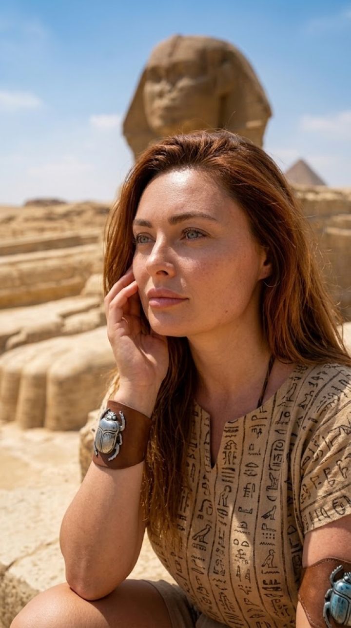 Cestovateľ na schodoch Veľkej Sfingy v púšti Egyptra – Ultra realistická fotografia