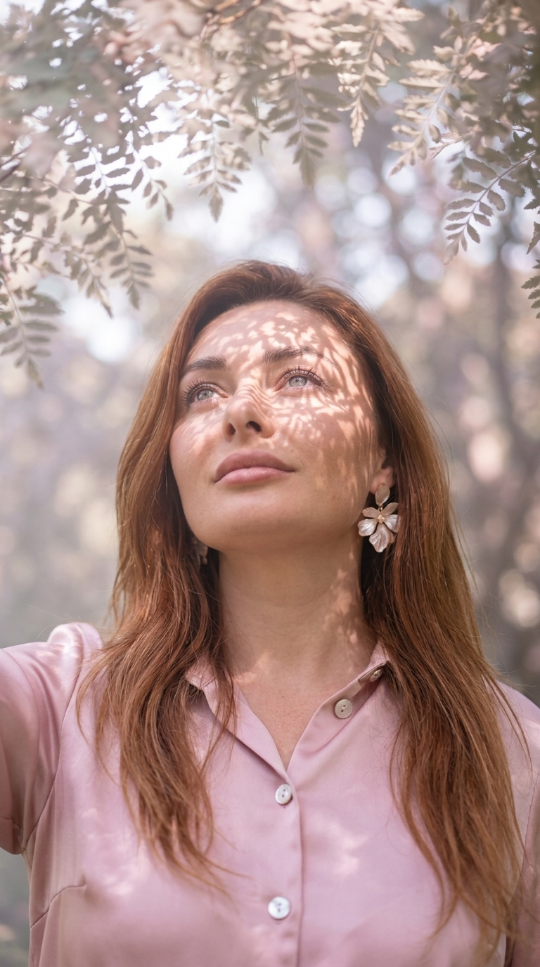 Cinematic close-up portrait: head slightly tilted to the side, eyes directed upwards with a dreamy expression, soft diffused light pierces through the lace of foliage, background blurred with pastel tree shadows, light fog adds ethereality, dynamic angle from below upwards, with mother-of-pearl buttons on a satin blouse and petal earrings