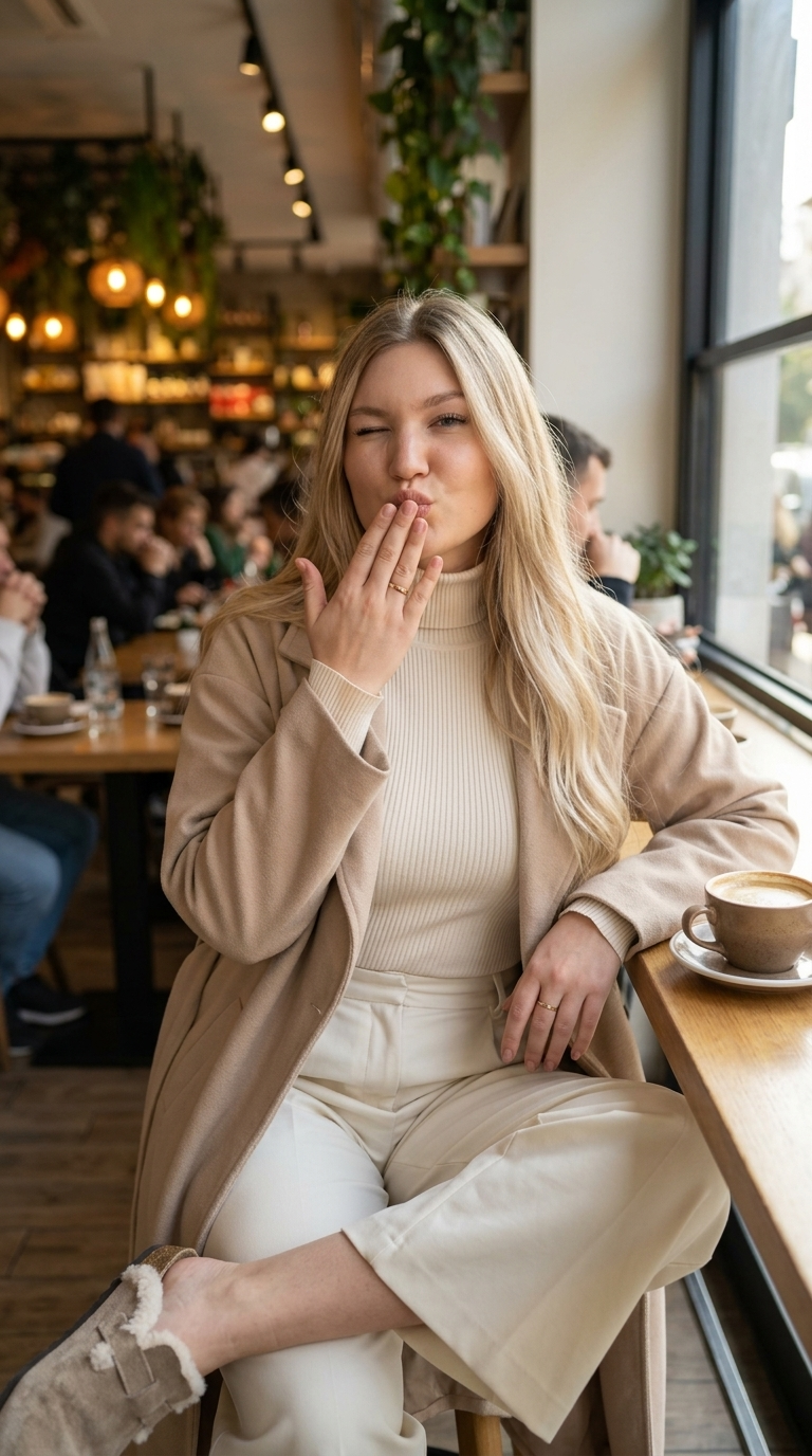 Clin d'œil espiègle et baiser soufflé : femme chic en bodysuit cream et duster beige dans un café vibrant, photo réaliste ultra HD