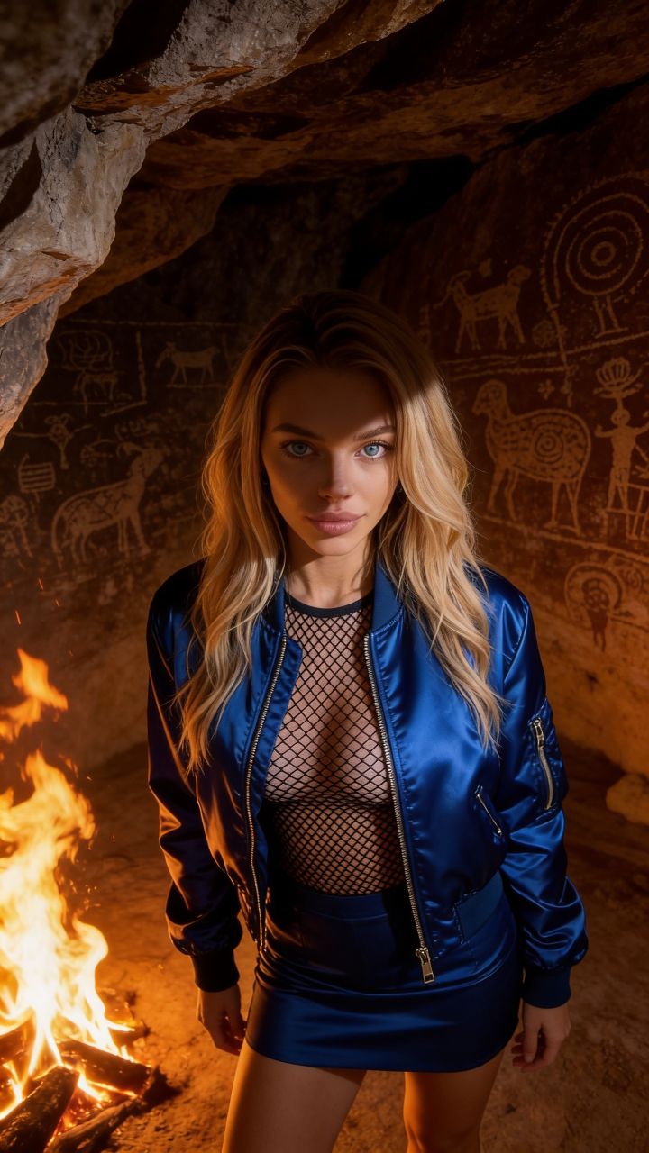 Close-Up Intens Wanita di Gua Kuno Bercahaya Api, Fotorealisme Ultra dengan Jaket Bomber Biru Safir