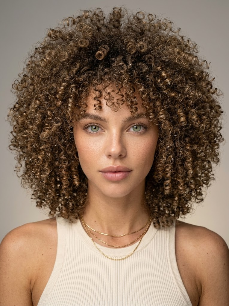 Close-up of afro-style curly hair, dense spirals with high springiness, soft diffused light emphasizes the texture, water droplets for shine, studio background with neutral gradient, focus on volume and shape.