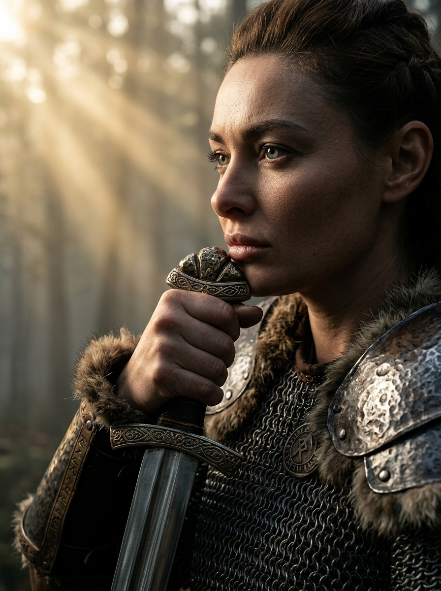 Close-up portrait: head turned in profile, intense gaze into the distance, hand grips the sword hilt near the jaw, background - misty forest with the first rays of the sun, side dramatic contrast of light and shadow, Dutch camera tilt for tension., in chainmail with iron shoulder pads