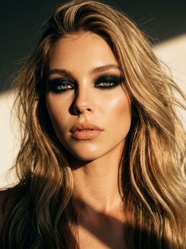 Close-Up Wajah Cantik Tulang Pipi Tinggi, Mata Smoky Hitam, Bibir Glossy Nude, Rambut Bergelombang Sunset Emas