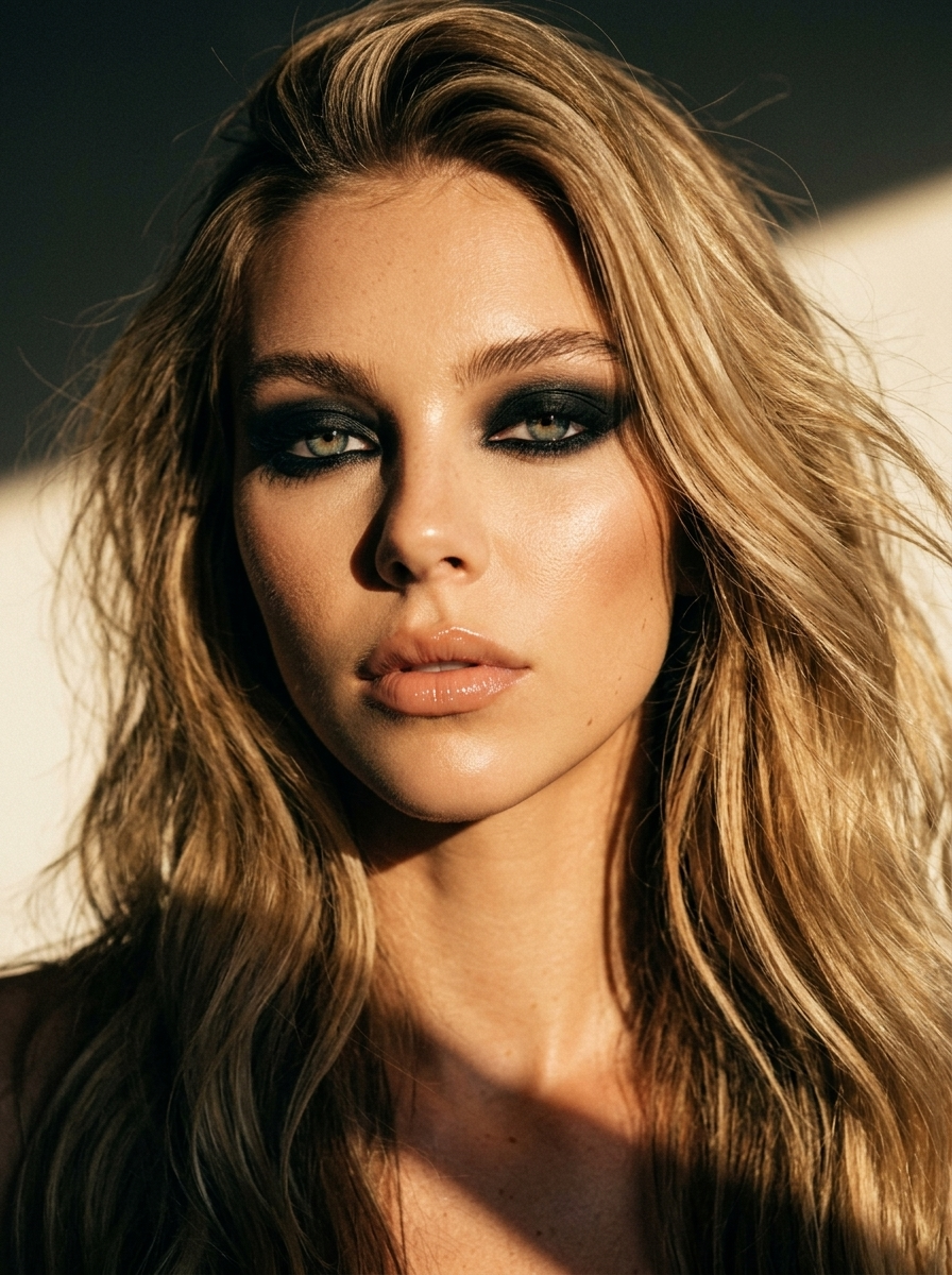 Close-Up Wajah Cantik Tulang Pipi Tinggi, Mata Smoky Hitam, Bibir Glossy Nude, Rambut Bergelombang Sunset Emas