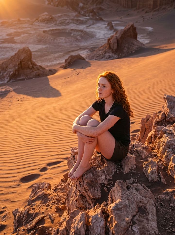 Contemplative sitting on jagged rock formations in Valle de la Luna at sunset, knees drawn up, ar...