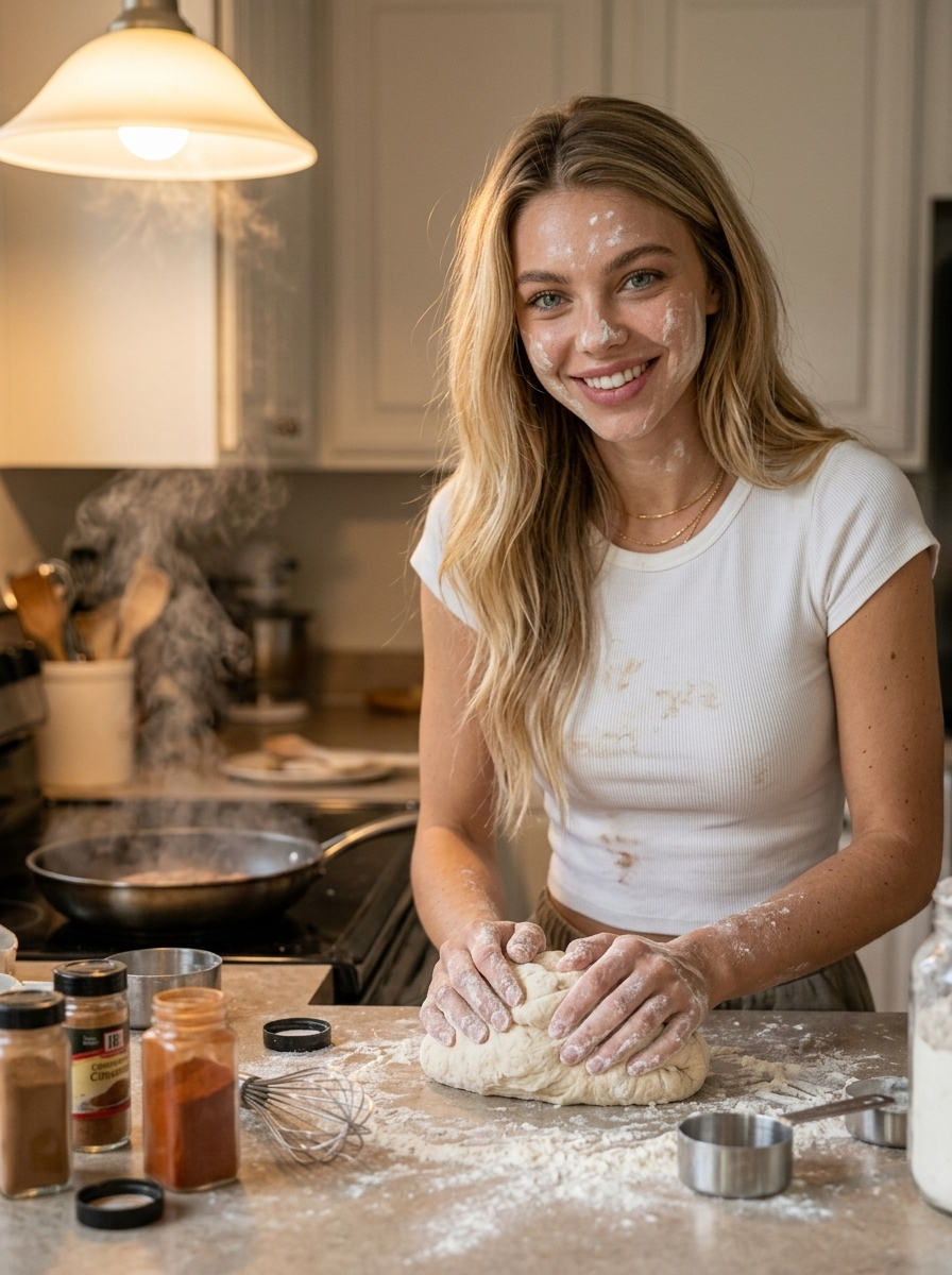 Cooking in the kitchen, flour on the table and face, dough in hands, steam from the frying pan, mess of spices, warm light of the lamp, appetizing realism, cozy home snap like stories.