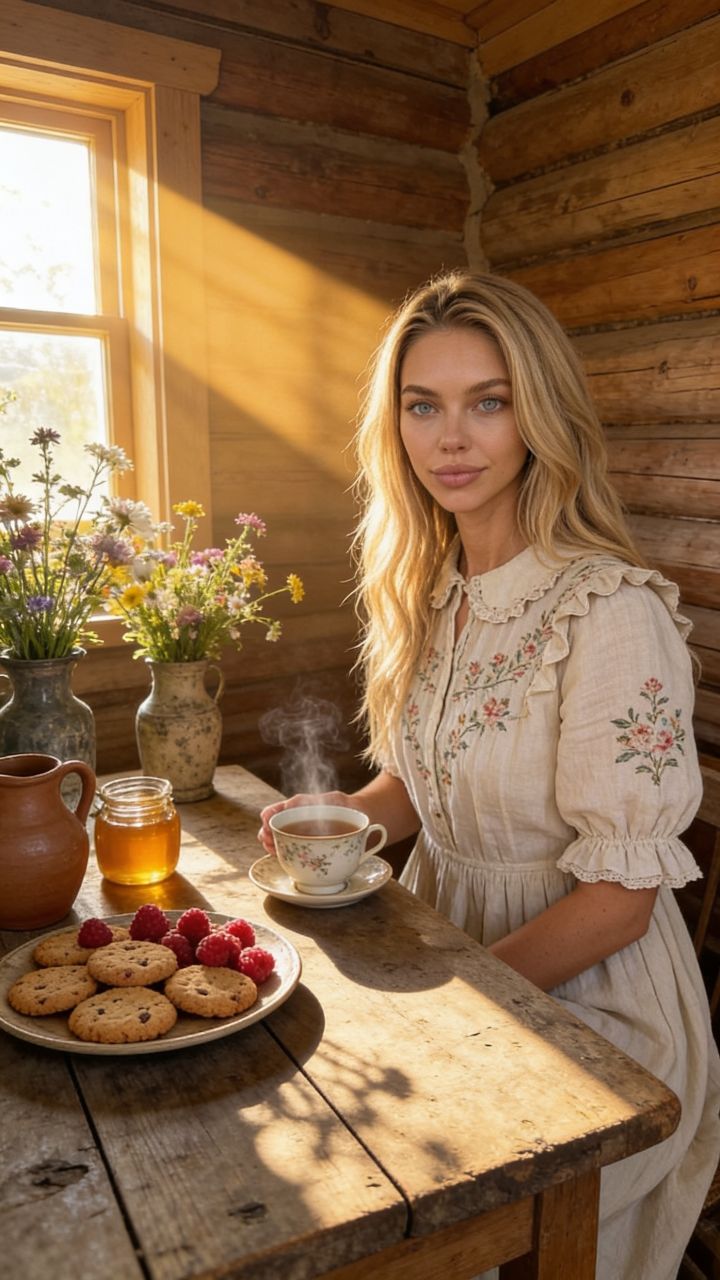 Cottagecore Porträt: Gemütliche Holzhütte im goldenen Morgenlicht mit Himbeergebäck und Wildblumen
