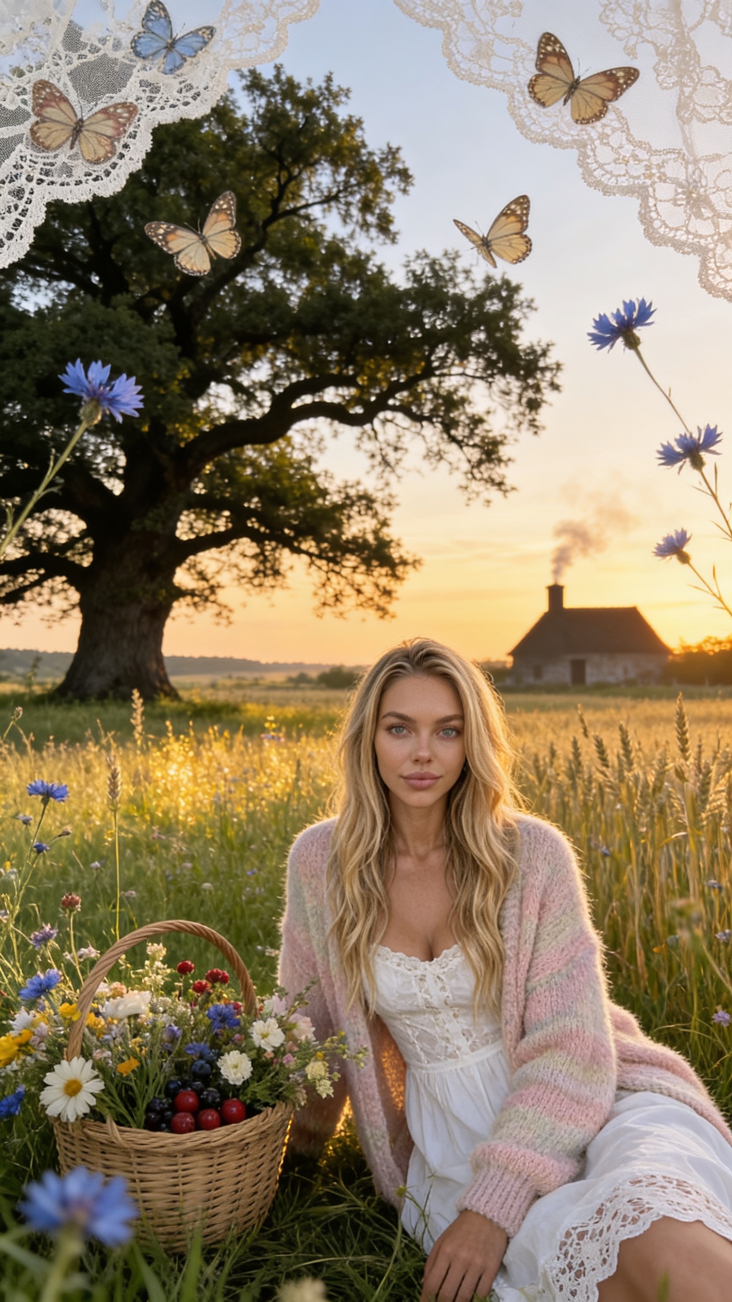 Cottagecore Sommerwiese: Wildblumenkorb, Eiche, Schmetterlinge und romantisches Cottage bei Sonnenuntergang