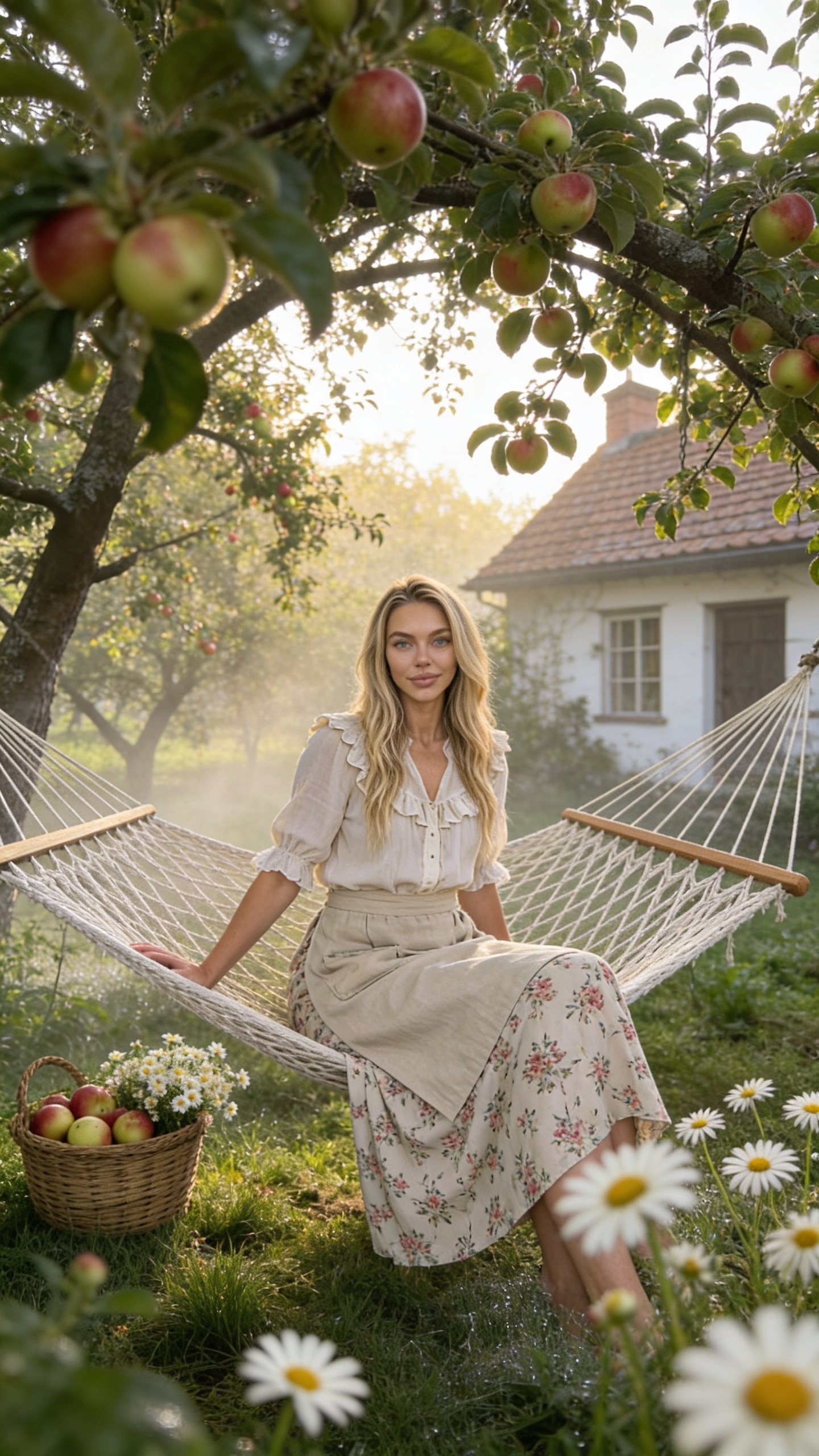 cottagecore黎明小屋花园：苹果树吊床摇曳、露珠花瓣梦幻田园