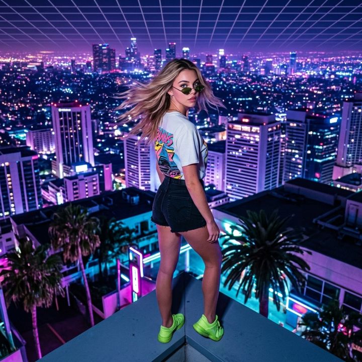 Cyberpunk figura na strehi neon metropole