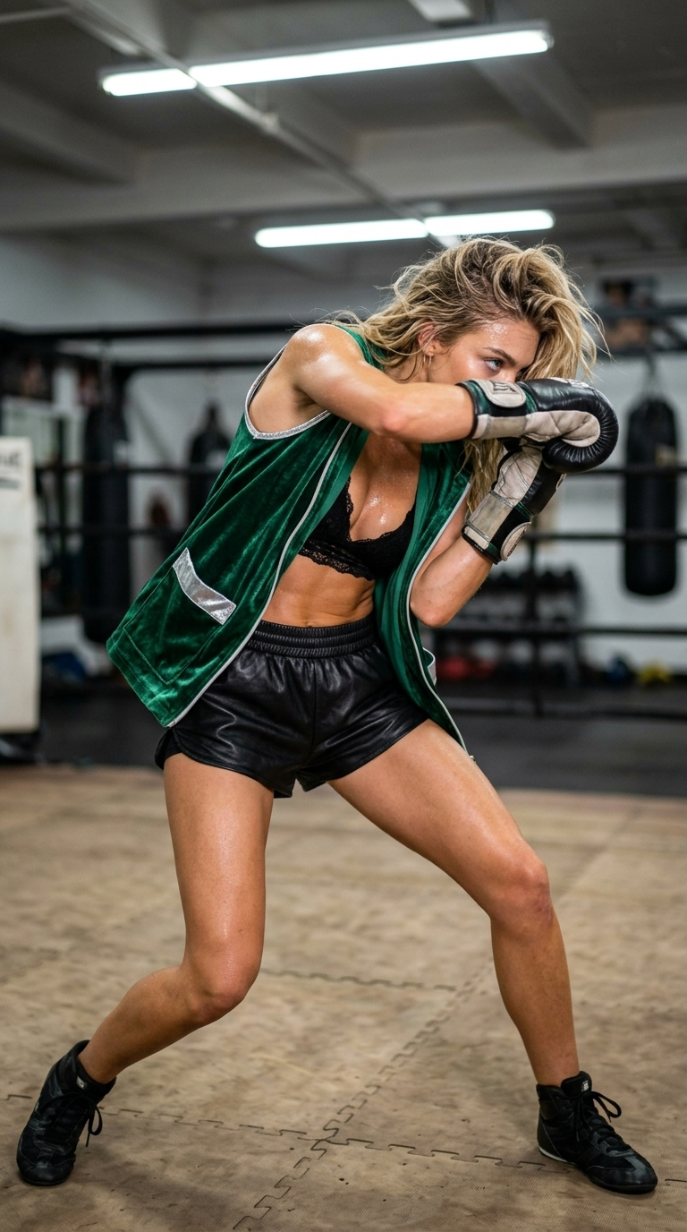 Defensive bob and weave evasion motion, arms shielding face tightly, footwork shuffling sideways on padded floor, harsh fluorescent glow from above, depth of field isolating action, slight high angle medium shot, ultra photo realism!!, donning an emerald green velvet boxing vest unzipped over a lace bralette and black leather shorts