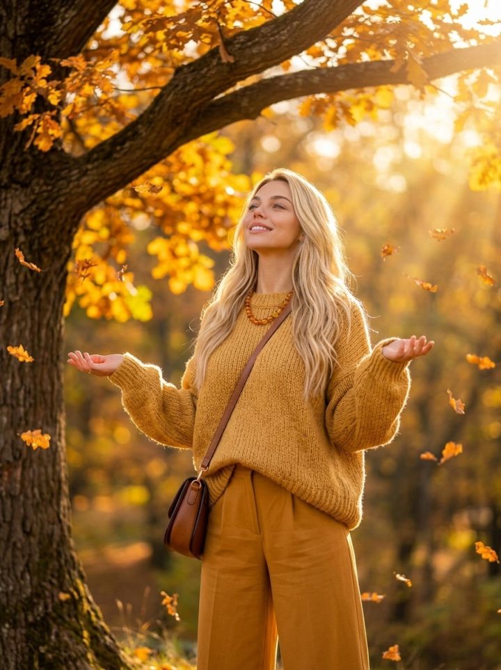 Dona serena sota roure daurat amb fulles caent, jersei oversized llana daurada | Ultra fotorealisme