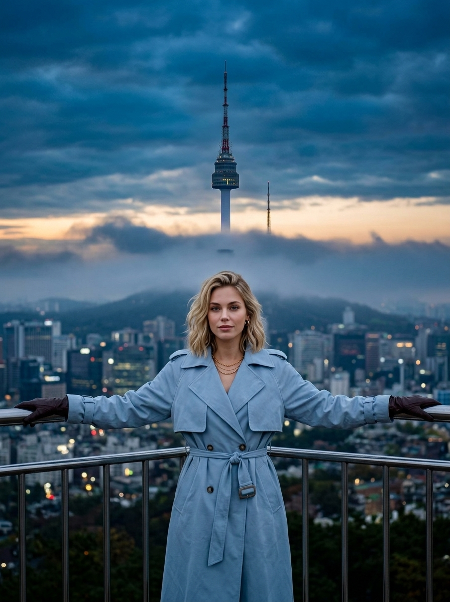 Dramatische Dämmerung am Namsan Seoul Tower – Frau in hellem Trenchcoat mit ausgestreckten Armen