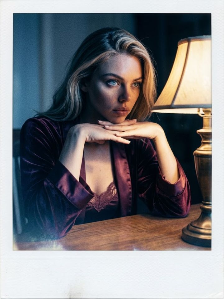 Dramatisches Vintage Polaroid Porträt: Intensive Pose mit Samtrobe, Blauem Filmkorn und Lichtleck