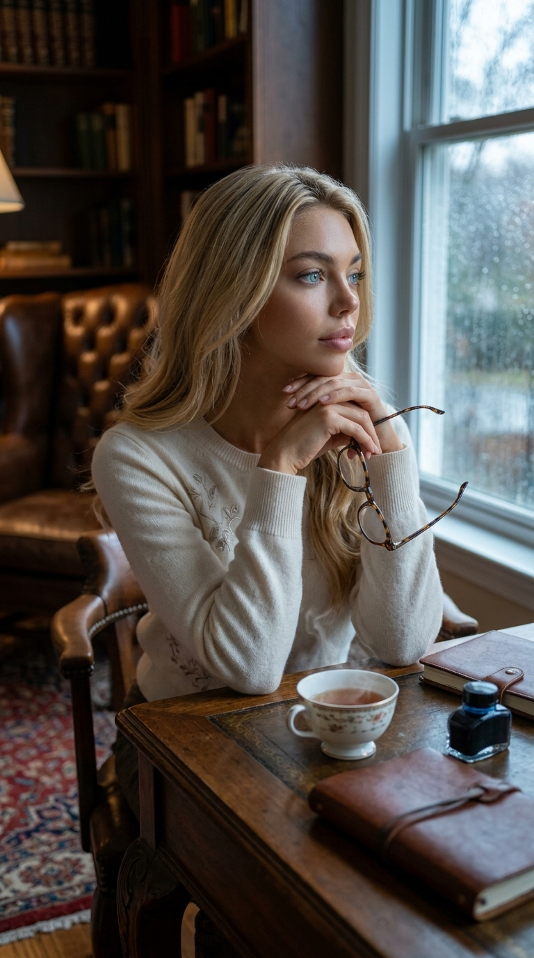 Dreamy Photorealistic Woman in Cozy Rainy Study Portrait, Ivory Cashmere Sweater