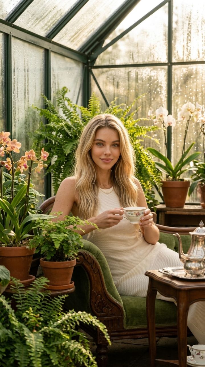 Drivhus med ekzotiske planter og victoriansk lounge