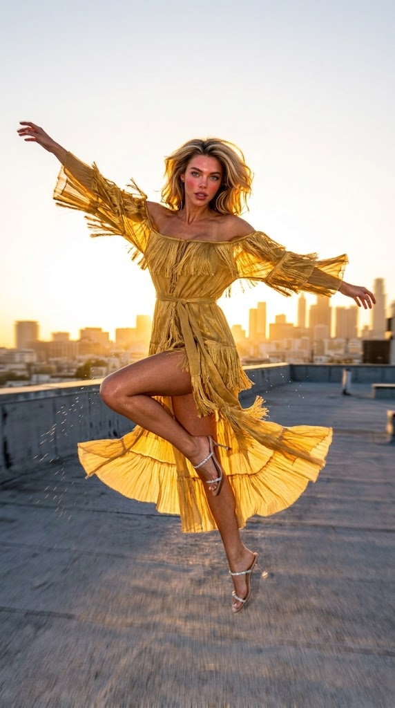 Dynamic Mid-Air Jump Silhouette in Golden Tassel Robe - Sunset City Skyline