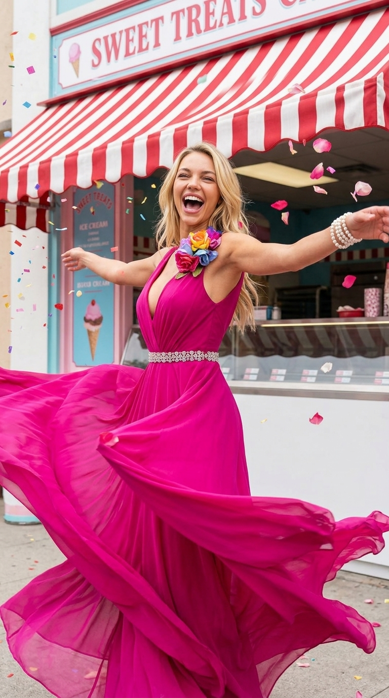 Dynamic spin with arms flung wide, joyful laughter expression mouth open wide, skirt-like fabric swirl implied in motion, candy-striped awning over ice cream parlor, confetti-like petals in air, hyper-saturated primaries evoking pure delight, ultra photo realism, full body medium shot from side angle., in a fuchsia chiffon bias-cut gown with deep V-neckline, rhinestone belt, layered pearl bracelets, and silk flower corsage at shoulder