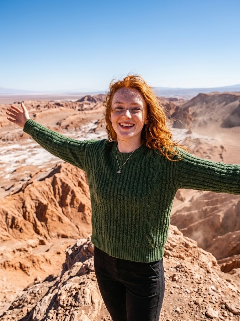 Dynamic standing pose atop a ridge in Valle de la Muerte, arms outstretched embracing the vast desert expanse, wind tousling surroundings, harsh midday sun highlighting eroded canyons and stark rock textures, epic wide-angle composition, high-quality ultra realism photo of Atacama.