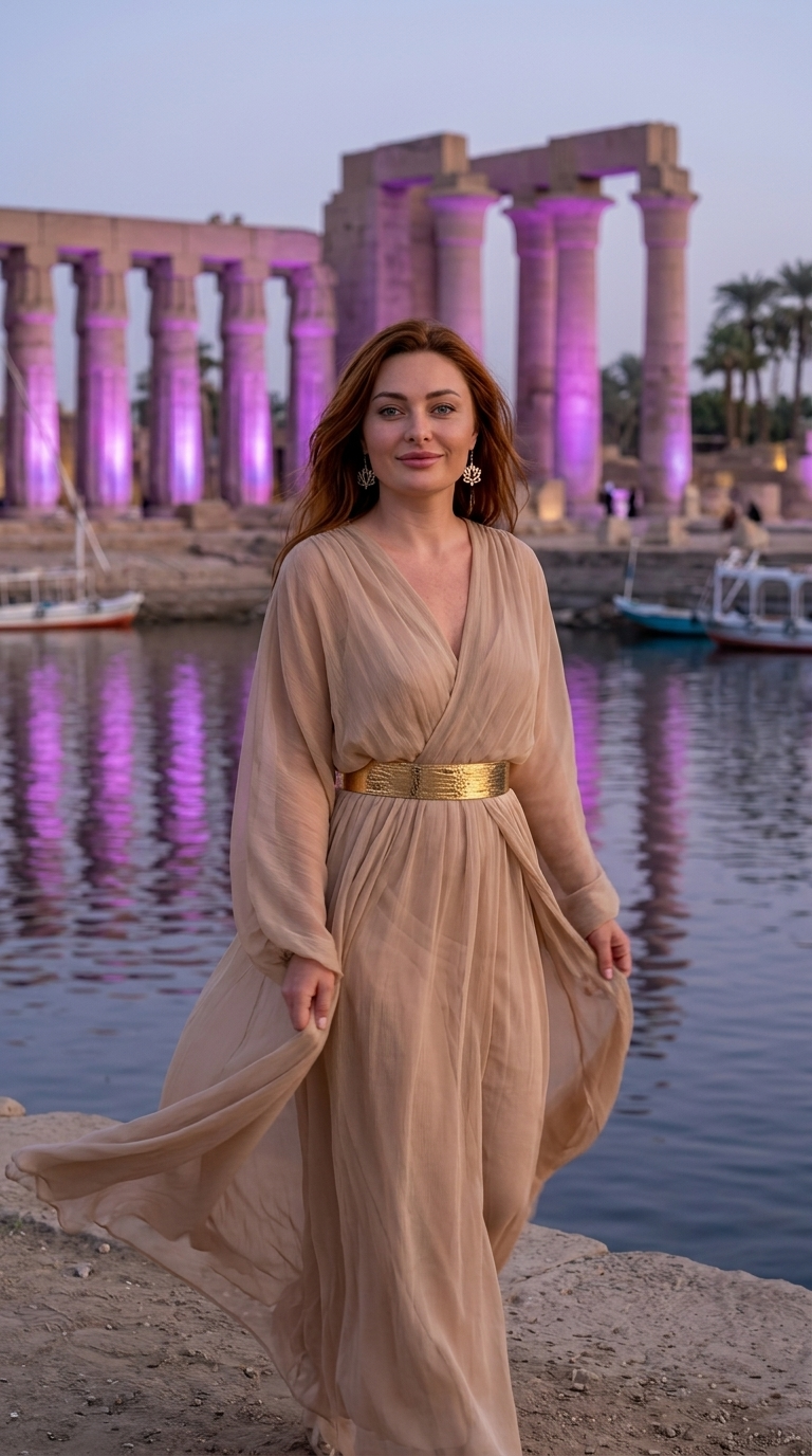 Dynamic ultra realistic shot of a traveler walking along the Nile River near Luxor Temple at twilight, temple columns glowing in purple hues, reflections in water, flowing robes caught in breeze, spontaneous exploration vibe, 8K detailed., in a sheer beige muslin gown cinched with a wide gold belt and lotus pendant earrings