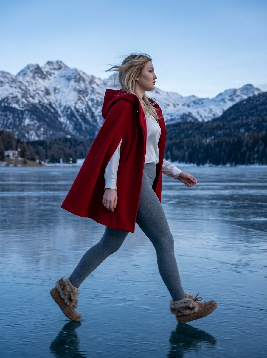 Dynamiczny spacer po zamarzniętym jeziorze w St. Moritz – luksusowa moda zimowa w ultrarealizmie