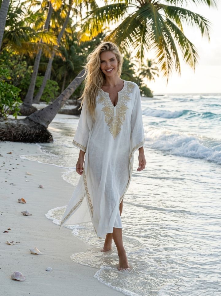 Dynamische Walking-Pose am weißen Malediven-Strand in Leinen-Kaftan