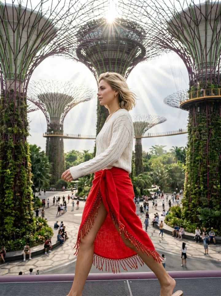 Dynamisk promenad mellan Supertrees i Gardens by the Bay – Röd linne sarong, ultrarealistisk vy
