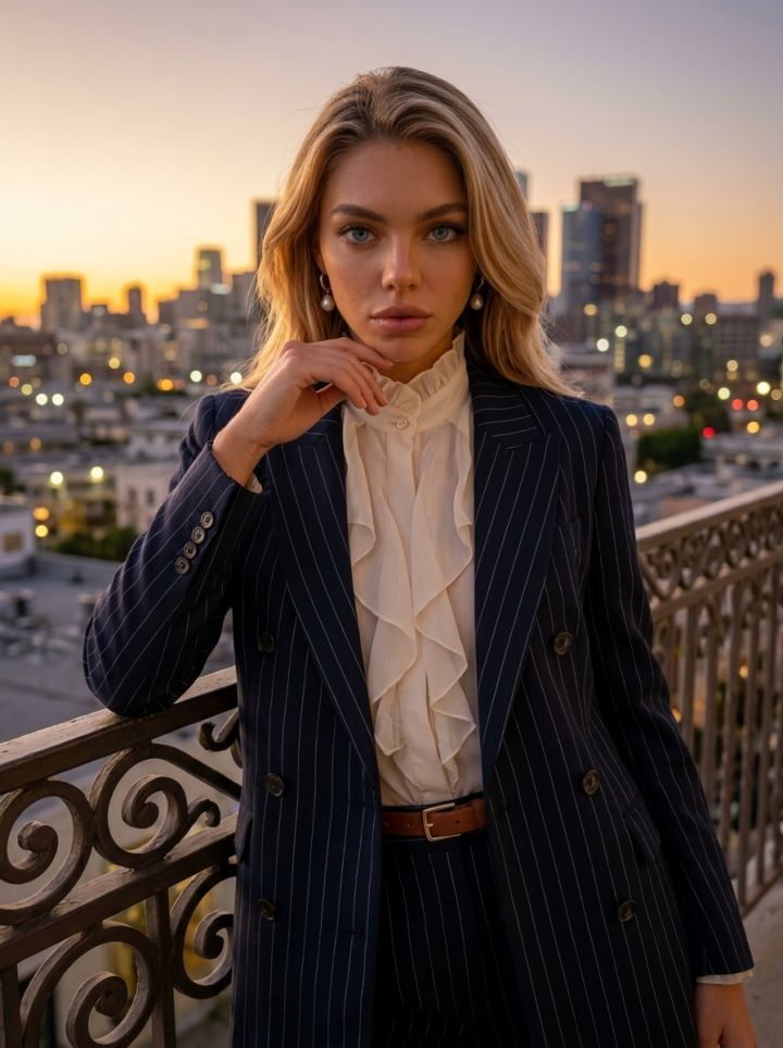 Düşünceli Şehir Silueti Balkon Pozu - Altın Saat Ultra Gerçekçi Moda Fotoğrafı