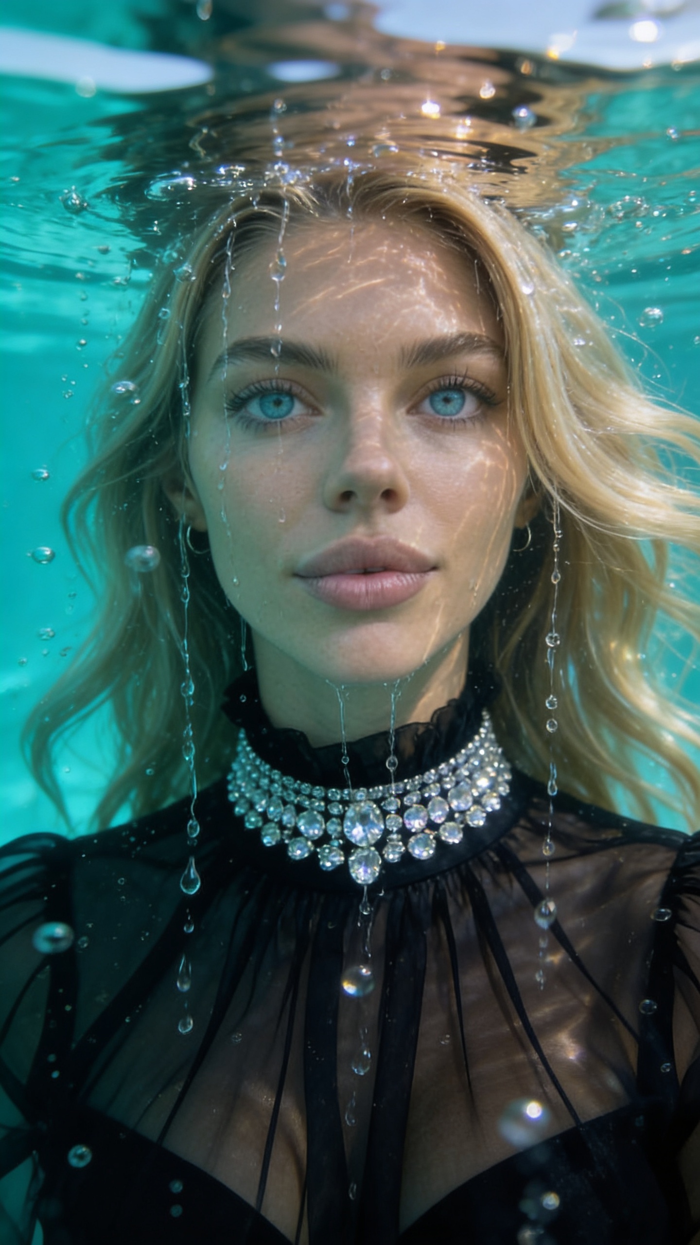 Efeito Subaquático Close-Up: Cabeça Emergindo da Água com Blusa Tule Preto e Cristais – Ultra Realismo