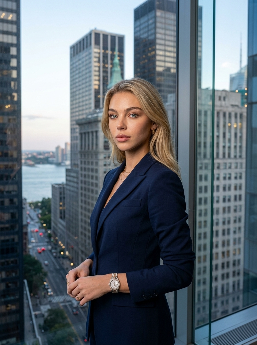 Eksekutif Wanita Elegan dengan Blazer Tailored Memandang Skyline NYC dari Ruang Dewan Berkaca
