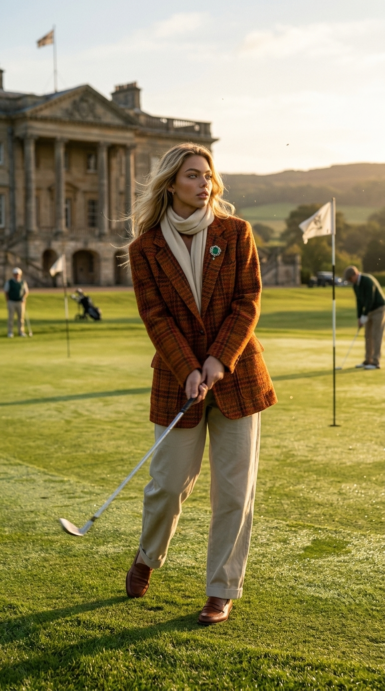 Elegant Aristocratic Golfer in Oversize Autumn Tweed Jacket at Sunset Golf Estate