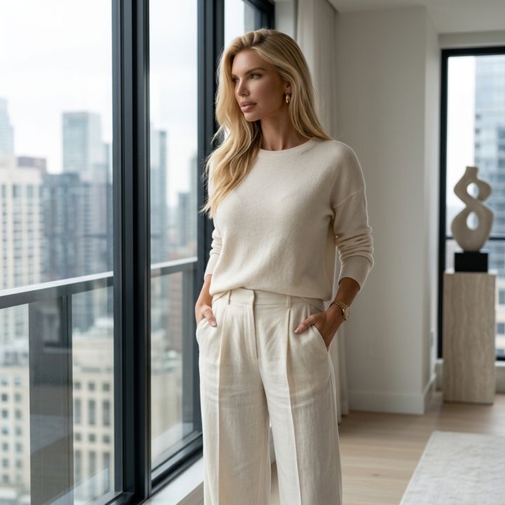 Elegant figure in a cream cashmere sweater and wide linen trousers stands by a huge window in a minimalist interior, ...