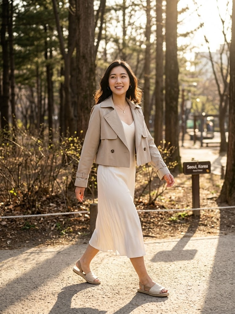 Elegant kvinna i sidenklänning och trenchcoat på promenad i Seoul Forest – ultrarealistisk foto