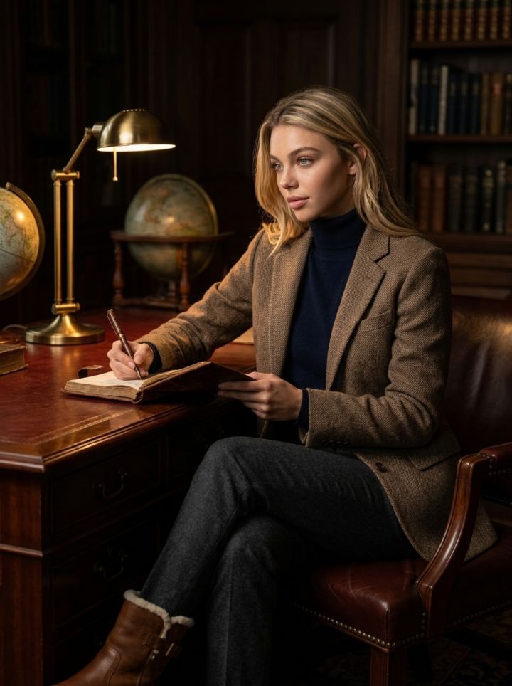 Elegant pose seated at a mahogany desk in a grand study, dressed in a tweed sport coat, cashmere turtleneck, wool tro...