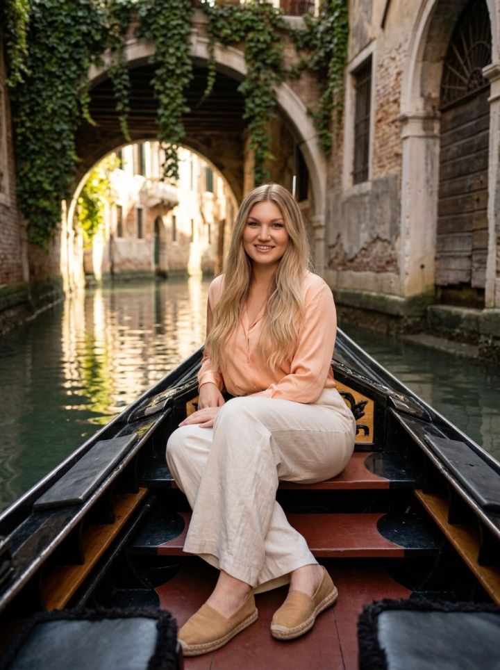 Elegant Woman in Gondola on Venice Cannaregio Canals - Summer Fashion Portrait